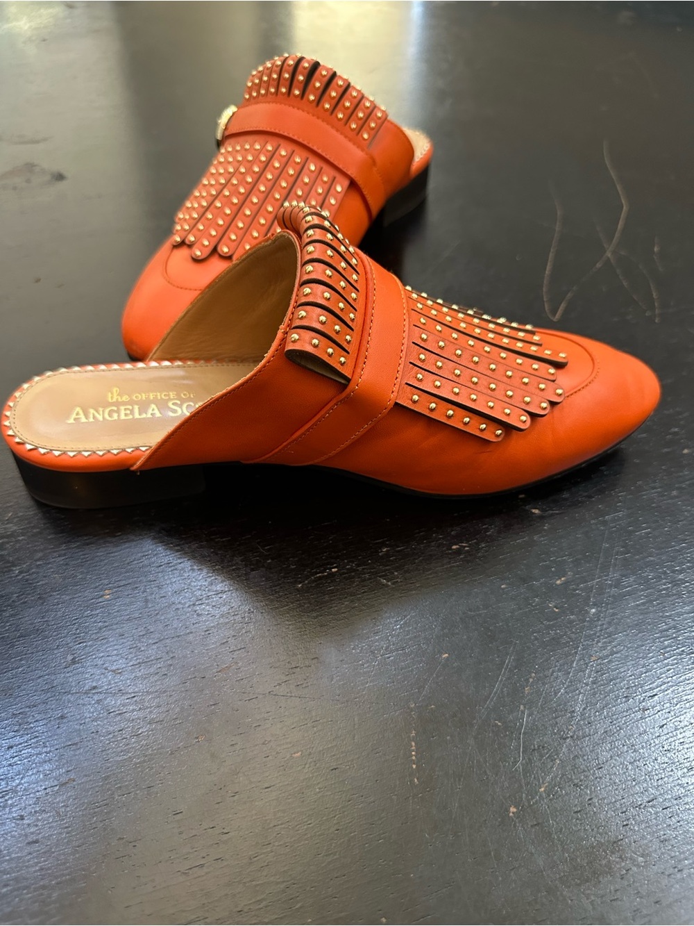 Office of Angela Scott - Women's Orange Studded Fringe Loafers - Picture 3 of 8